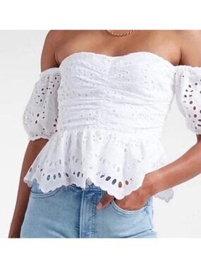 Express Eyelet Lace Off-Shoulder Top with Peplum